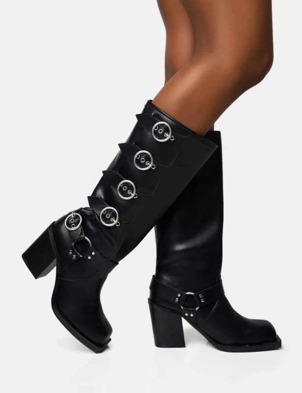 Fetish Black Pu Buckle Detail Knee High Boots sold by Public Desire