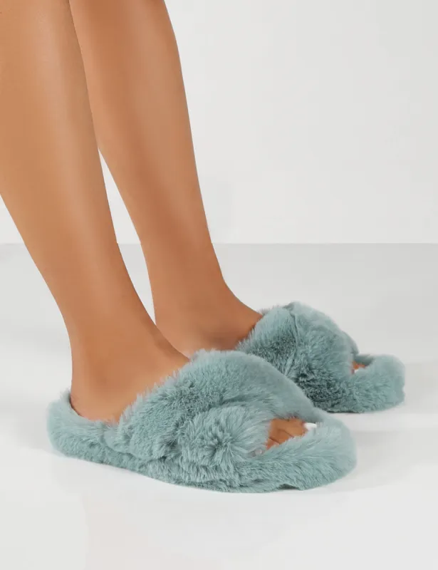 Fluffy Light Blue Cross Over Slipper sold by Public Desire