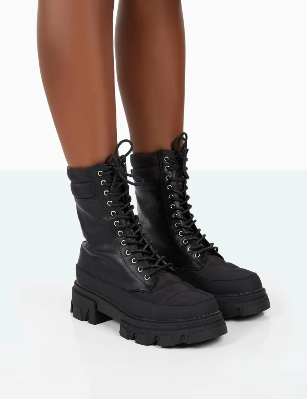 Refresh Black Pu Nylon Lace Up Platform Chunky Sole Ankle Boots sold by Public Desire