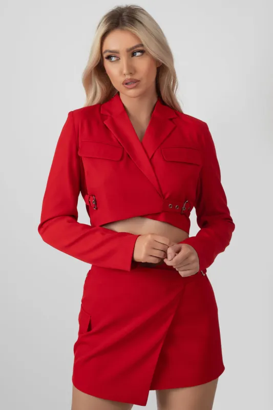 Buckle Detail Cropped Blazer Red sold by Public Desire