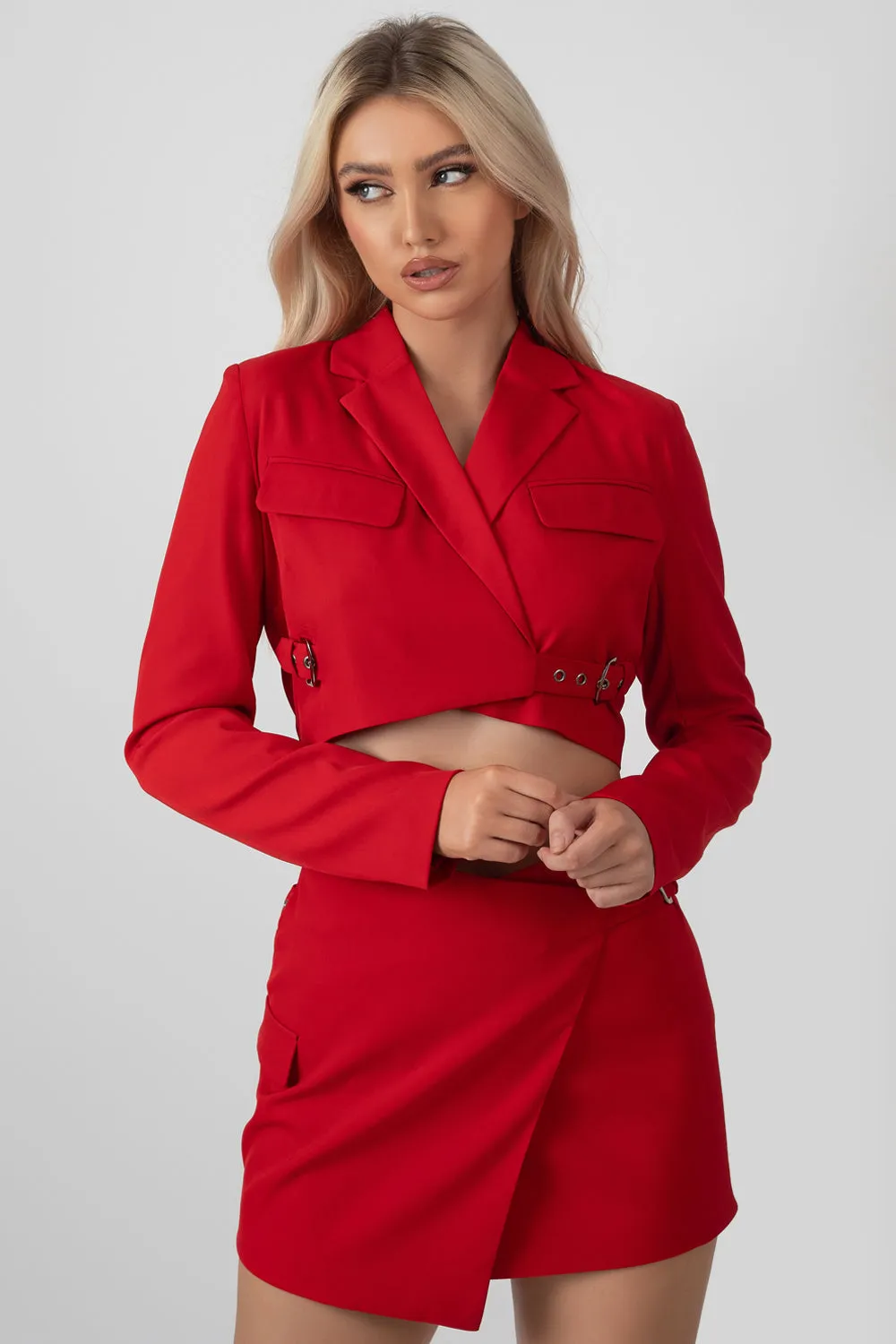 Buckle Detail Cropped Blazer Red sold by Public Desire