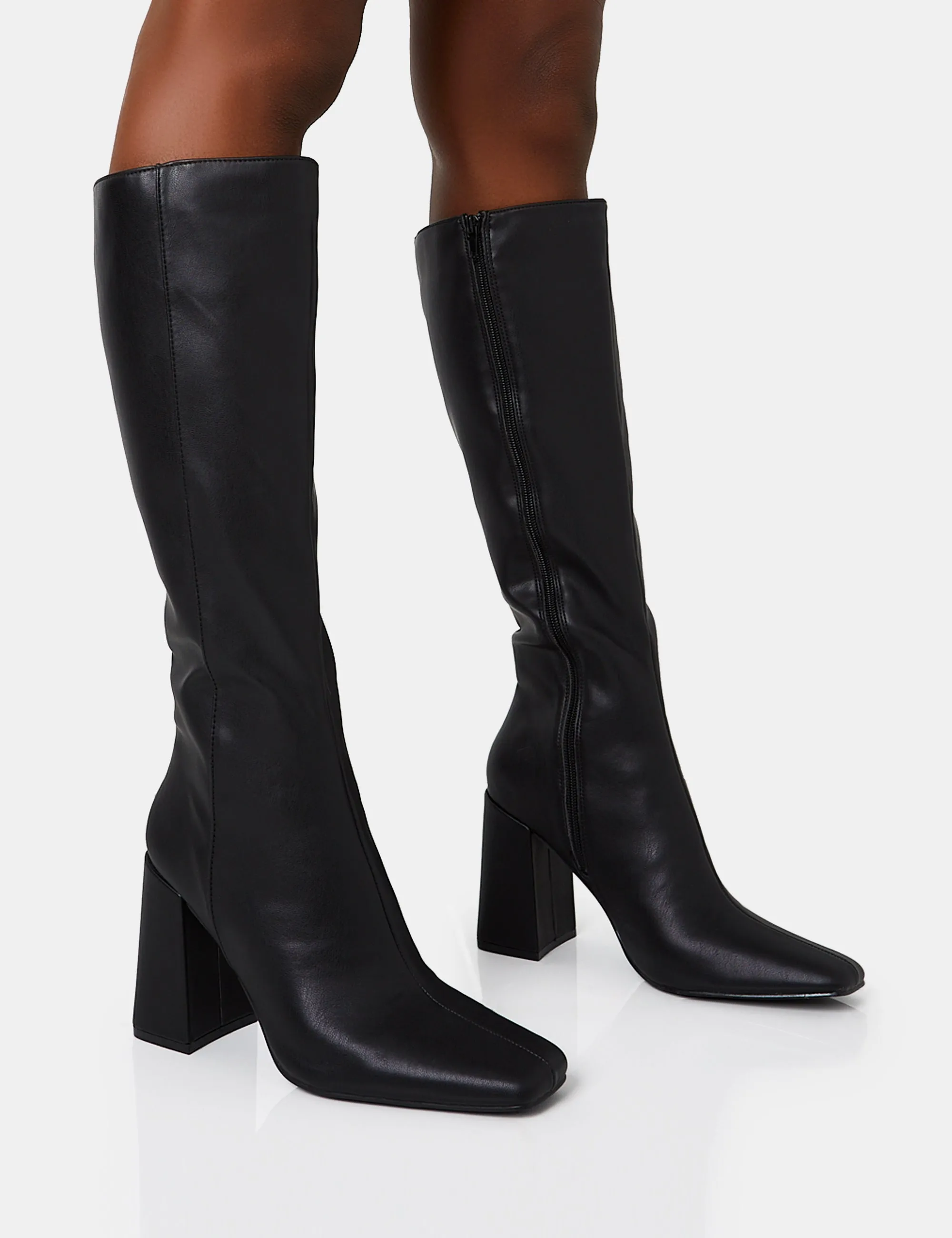 Apology Black Pu Knee High Block Heel Boots sold by Public Desire