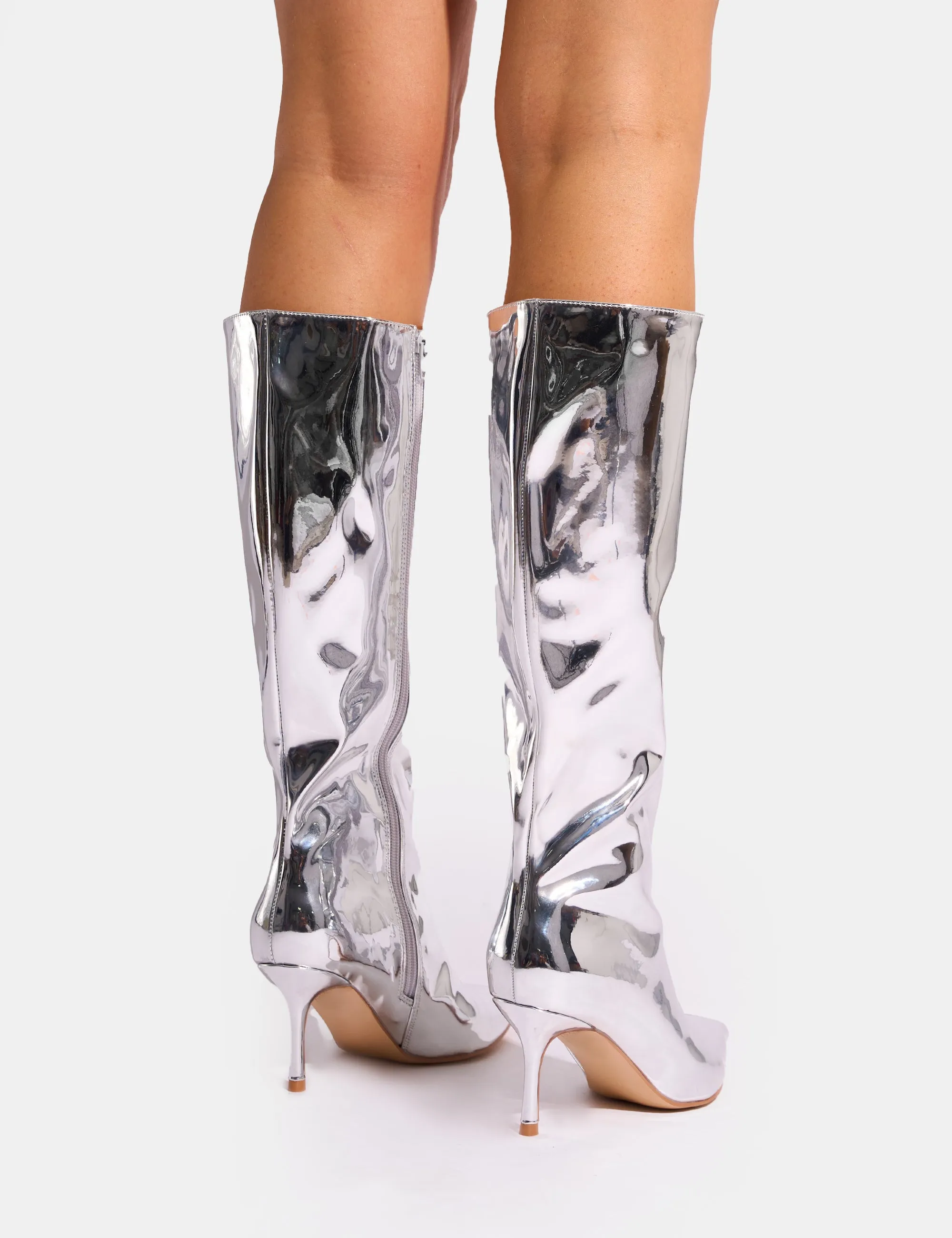 Amped Mirror Silver Pointed Toe Mid Heel Knee High Boots sold by Public Desire product image thumbnail 3