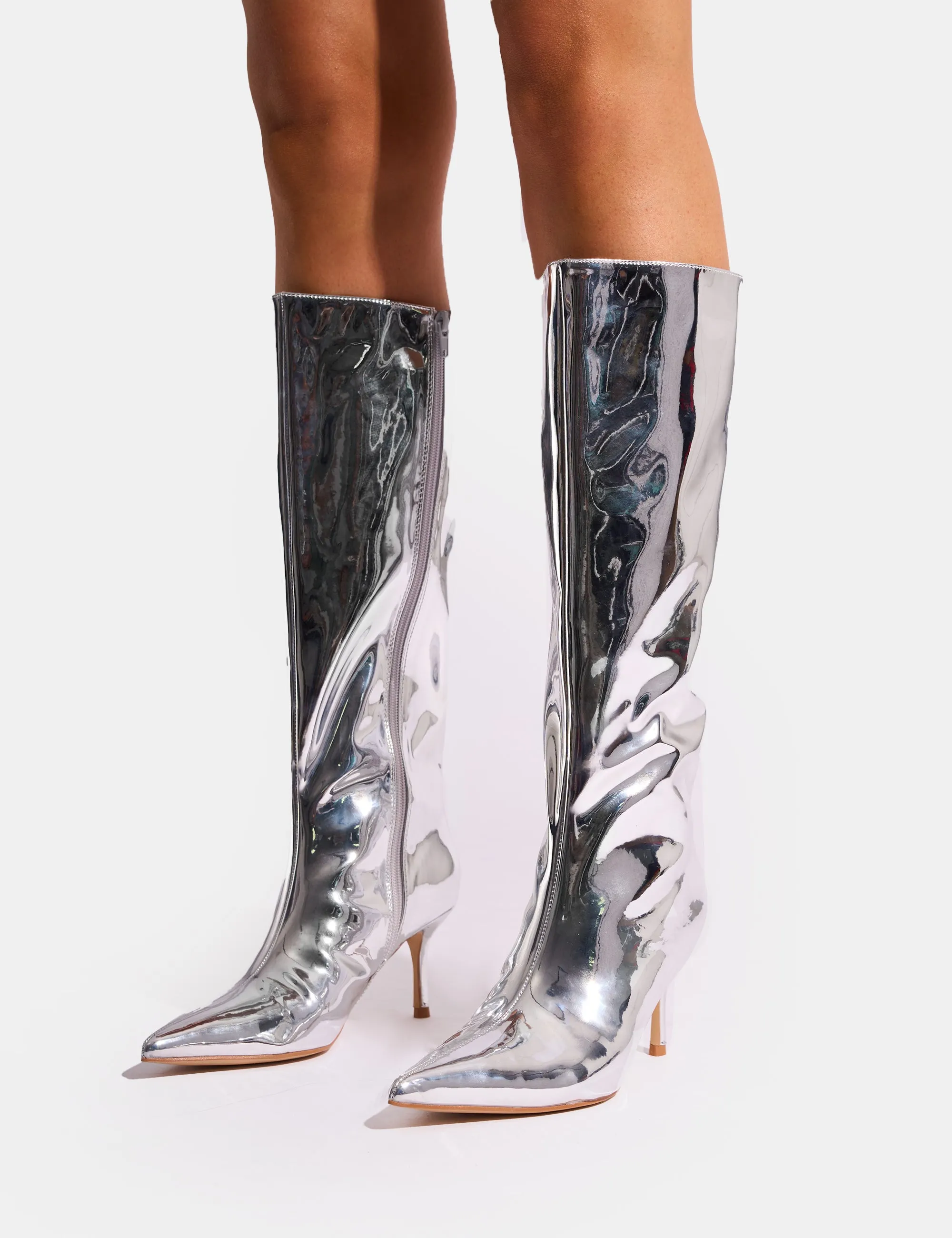 Amped Mirror Silver Pointed Toe Mid Heel Knee High Boots sold by Public Desire product image thumbnail 4