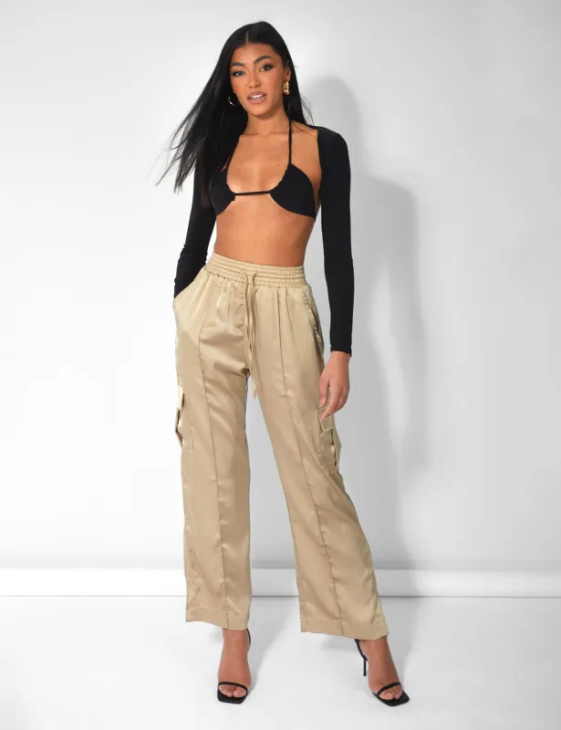 Split Hem Satin Elasticated Waist Wide Leg Cargo Trousers Champagne made by Public Desire