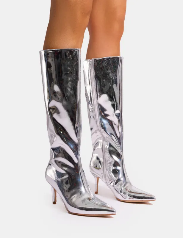 Amped Mirror Silver Pointed Toe Mid Heel Knee High Boots sold by Public Desire