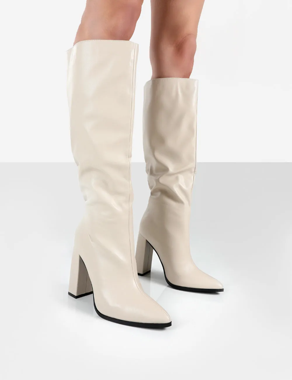 Posie Stone Pu Knee High Block Heel Boots sold by Public Desire