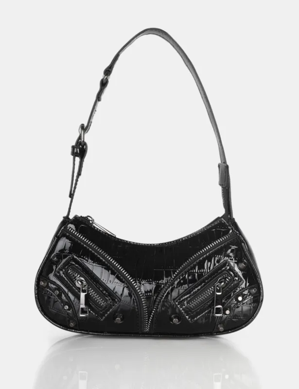 The Candice Zip Detailed Black Croc Shoulder Bag sold by Public Desire