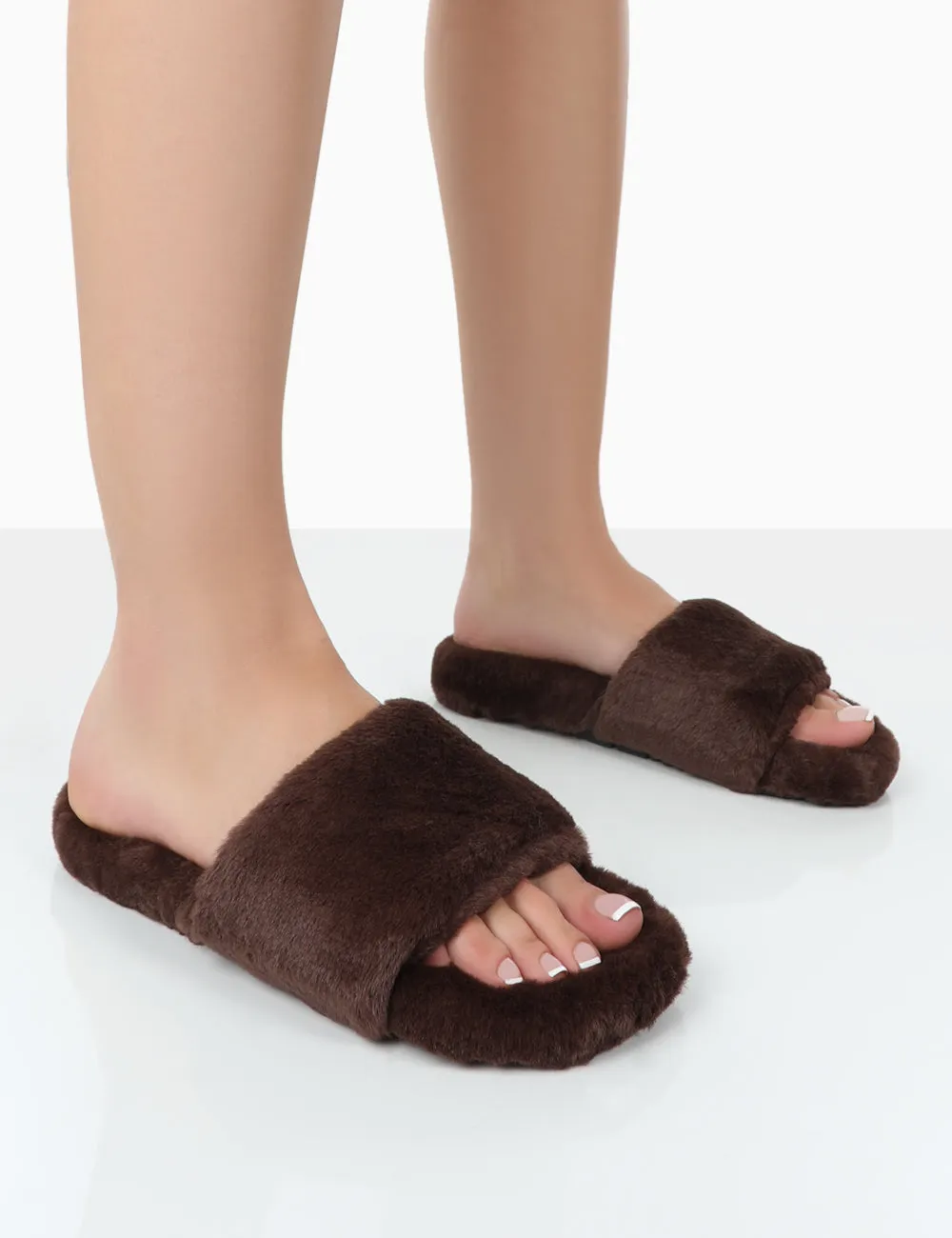 Namaste Chocolate Fluffy Faux Fur Slippers sold by Public Desire