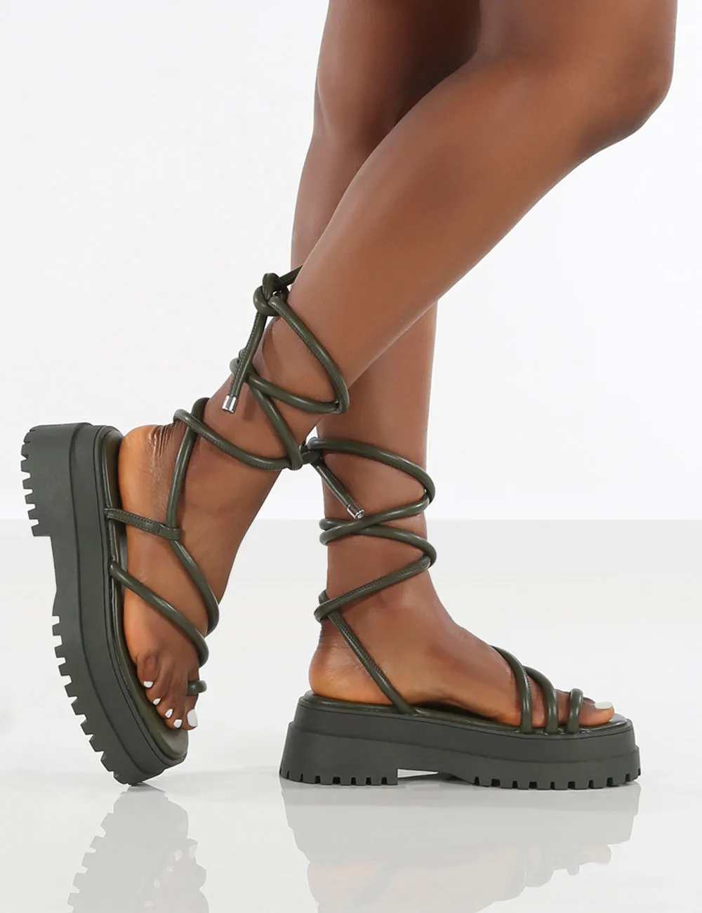 Amber x Public Desire Origin Khaki PU Chunky Sole Lace Up Sandal sold by Public Desire product image thumbnail 4