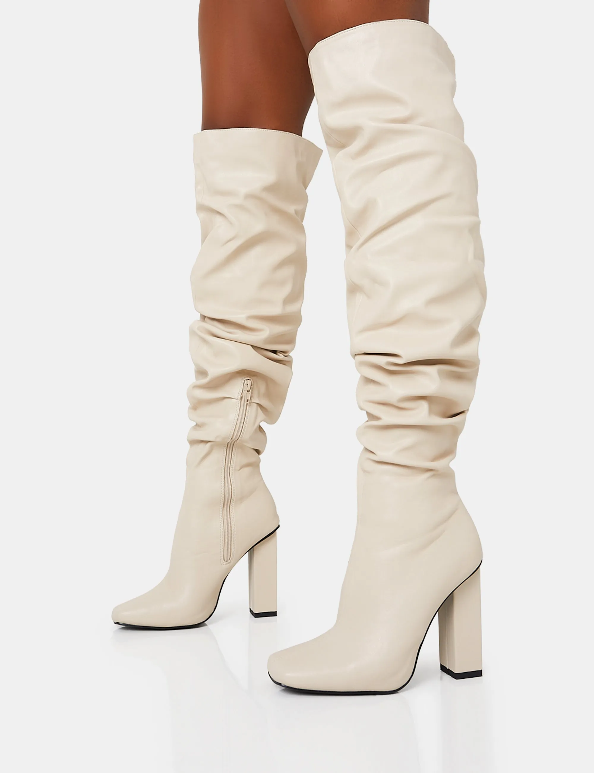 Cassia Ecru Square Toe Block Heel Over The Knee Boots sold by Public Desire product image thumbnail 3
