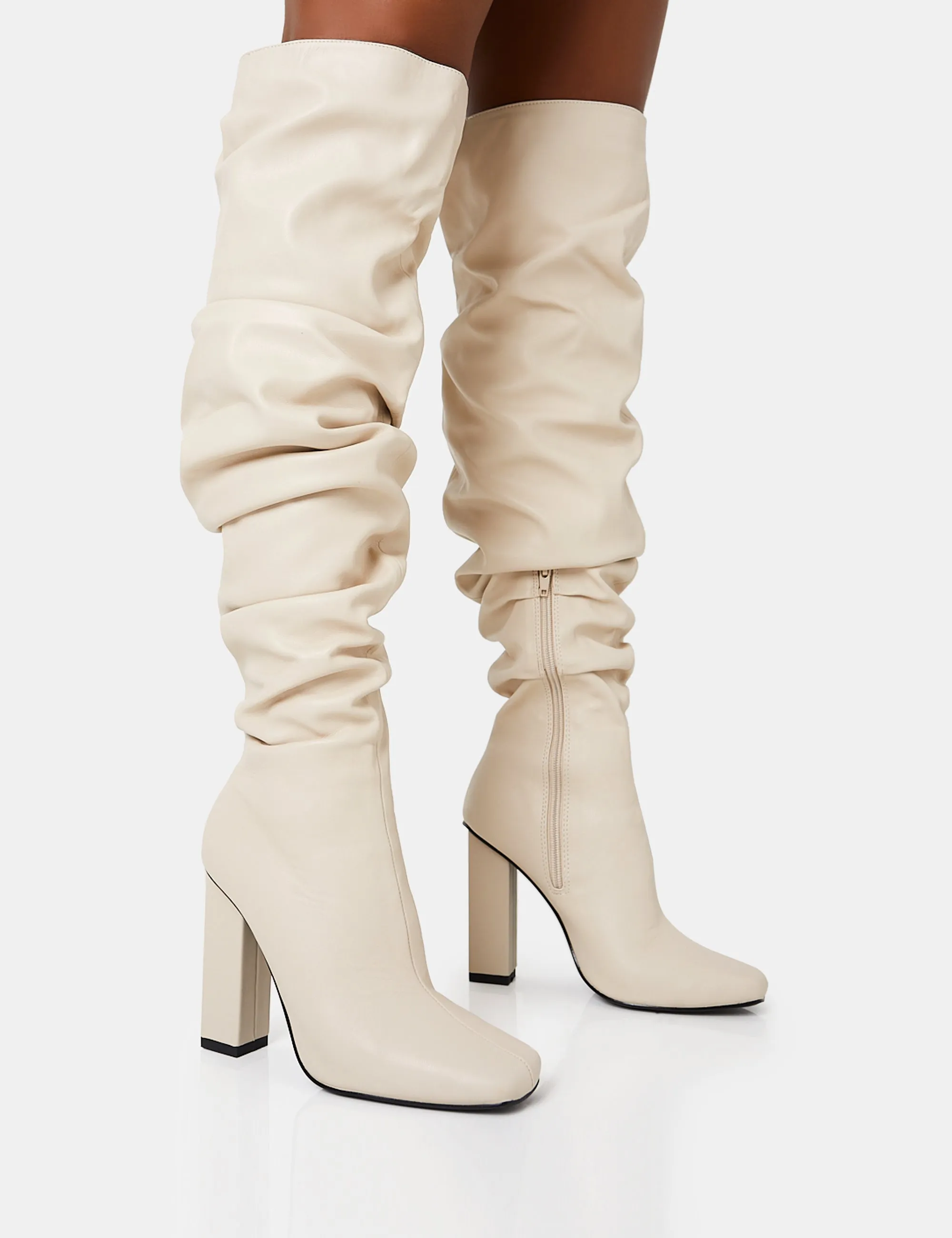 Cassia Ecru Square Toe Block Heel Over The Knee Boots sold by Public Desire