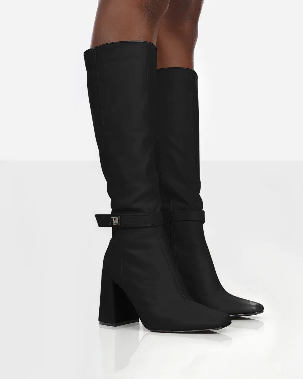 Apologetic Black Pu Knee High Block Heel Boots sold by Public Desire