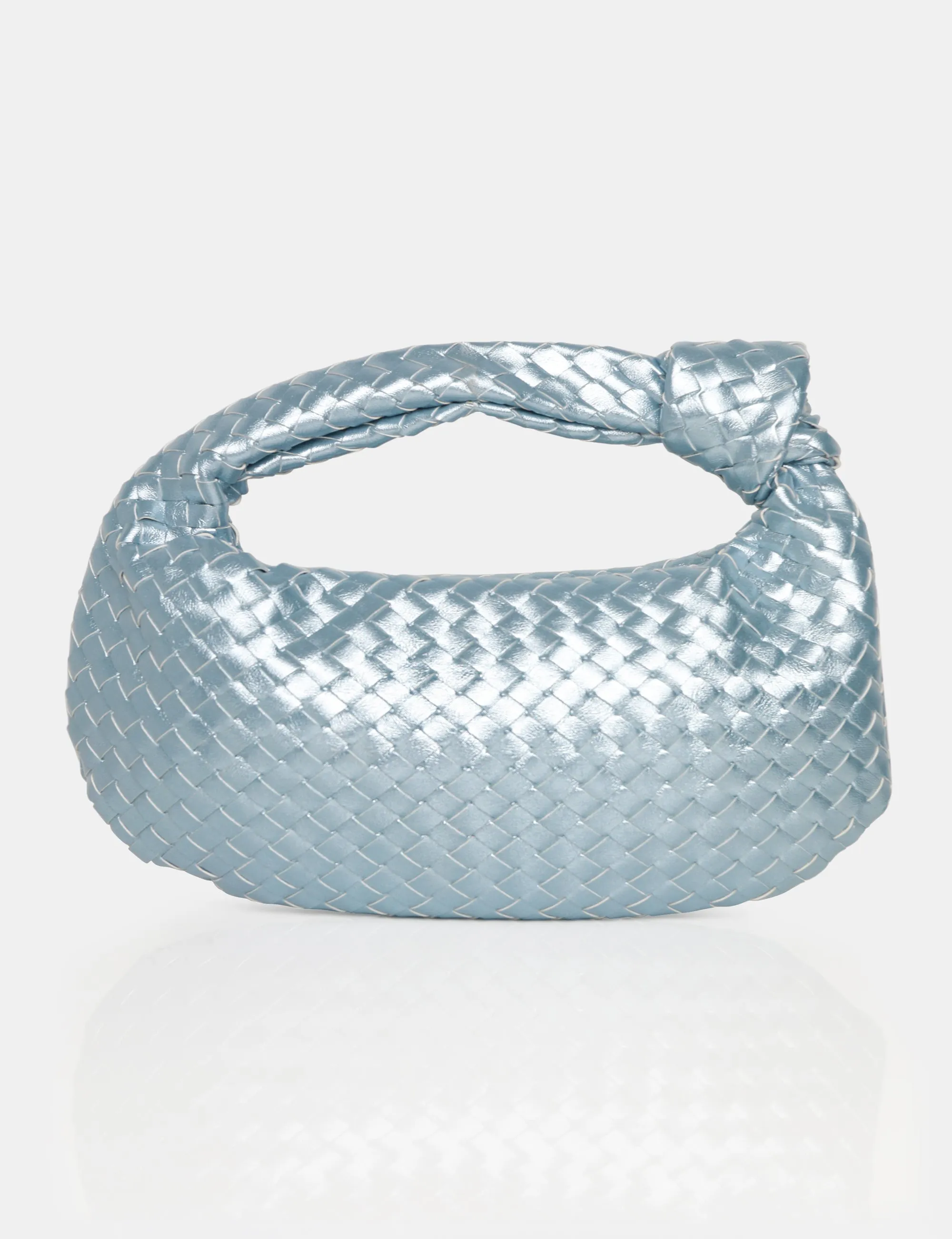 The Blame Metallic Silver Iridescent Woven Knot Detail Mini Grab Bag sold by Public Desire