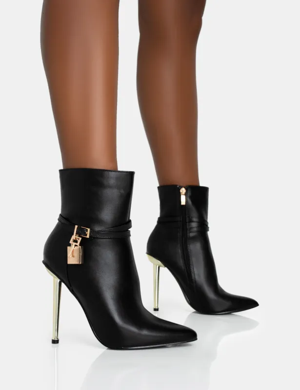 Jalan Black Pu Padlock Pointed Toe Gold Stiletto Heel Ankle Boots sold by Public Desire