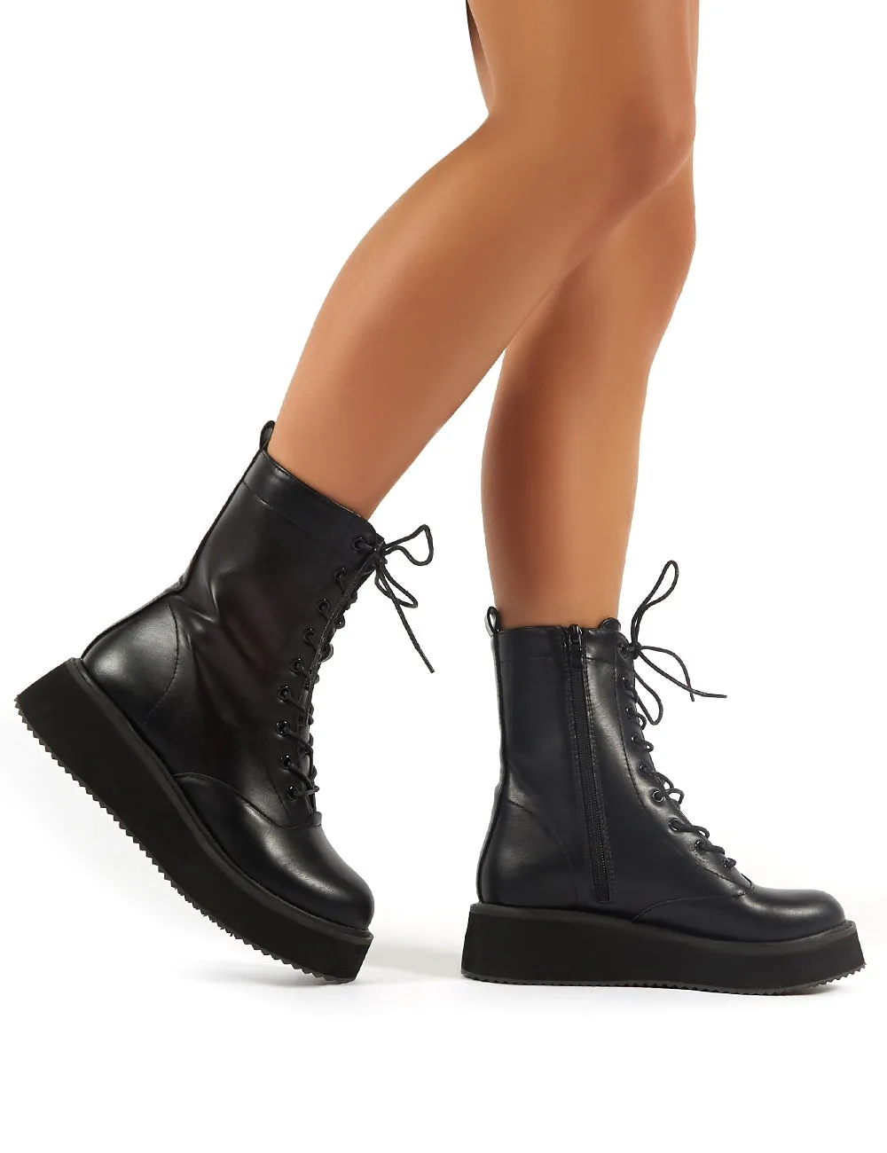 Haven Black Lace Up Chunky Ankle Boots sold by Public Desire