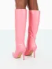 Best Believe Pink Croc Pointed Toe Heeled Stiletto Knee High Boots sold by Public Desire