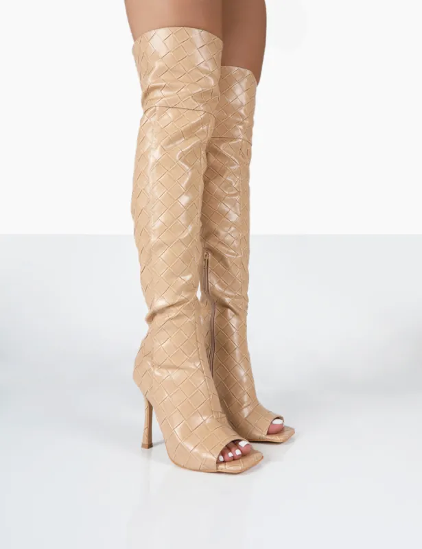 Carlotta Beige Open Toe Woven Material Heeled Over The Knee Boots made by Public Desire