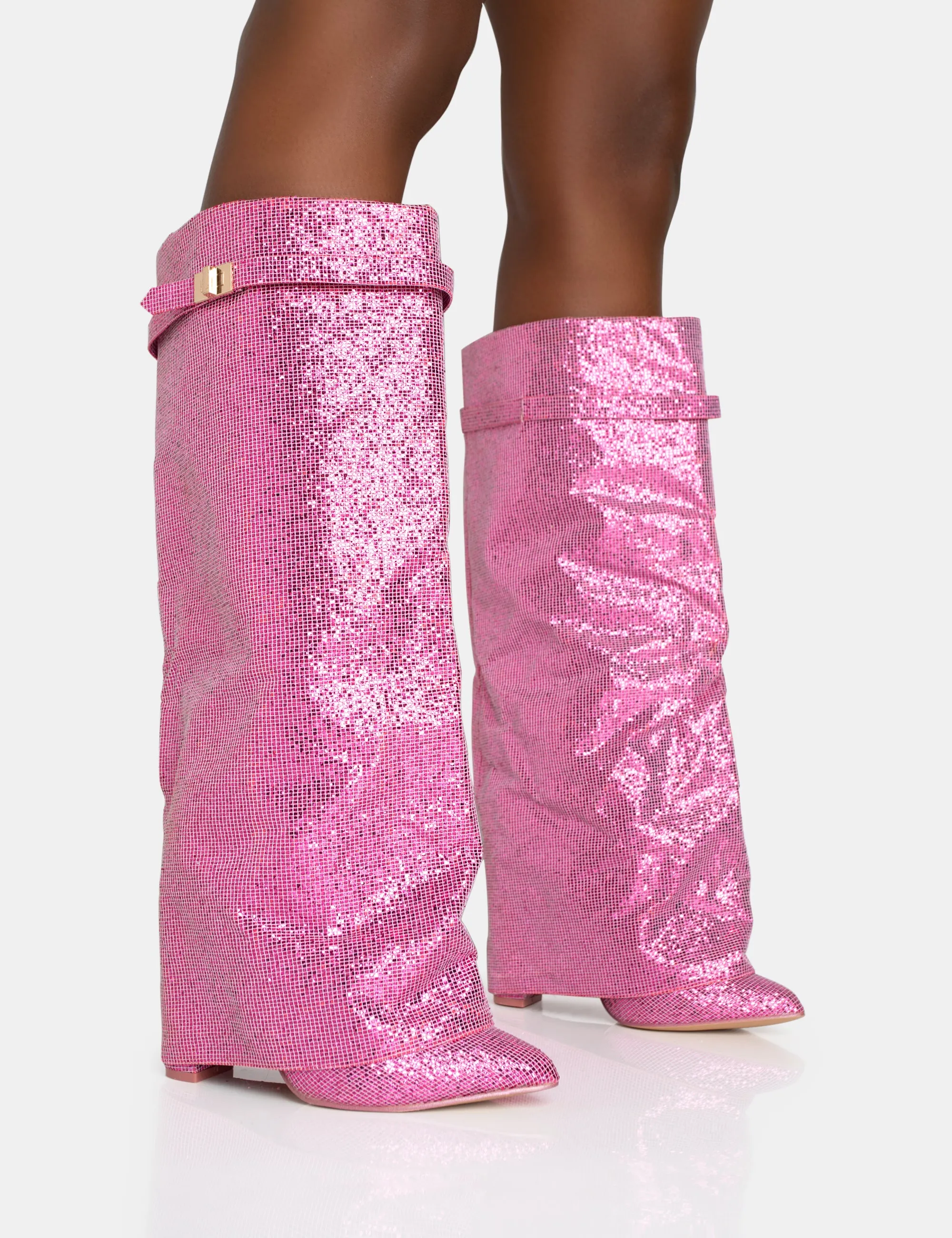 Echo Hot Pink Glitter Twist Lock Detail Fold Over Pointed Toe Knee High Boots sold by Public Desire