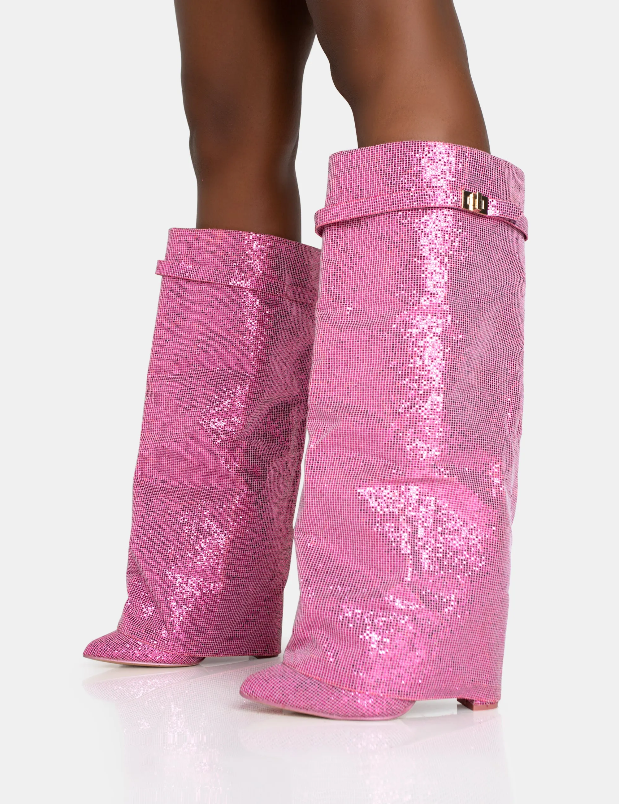 Echo Hot Pink Glitter Twist Lock Detail Fold Over Pointed Toe Knee High Boots sold by Public Desire product image thumbnail 3