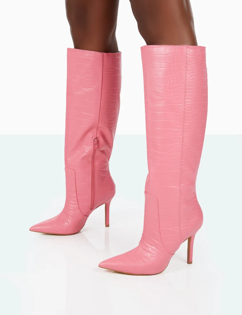 Best Believe Pink Croc Pointed Toe Heeled Stiletto Knee High Boots sold by Public Desire product image thumbnail 4