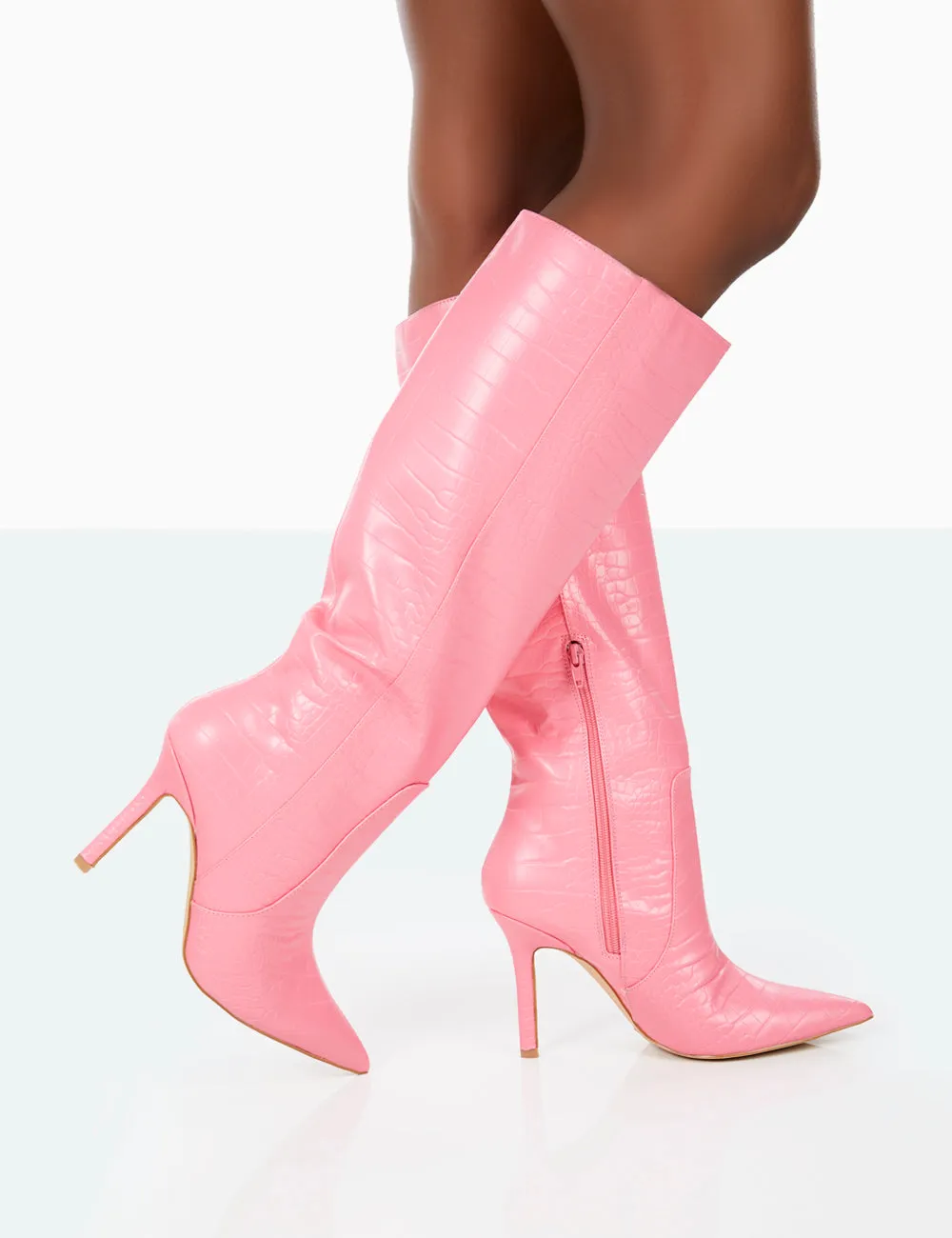 Best Believe Pink Croc Pointed Toe Heeled Stiletto Knee High Boots sold by Public Desire product image thumbnail 2