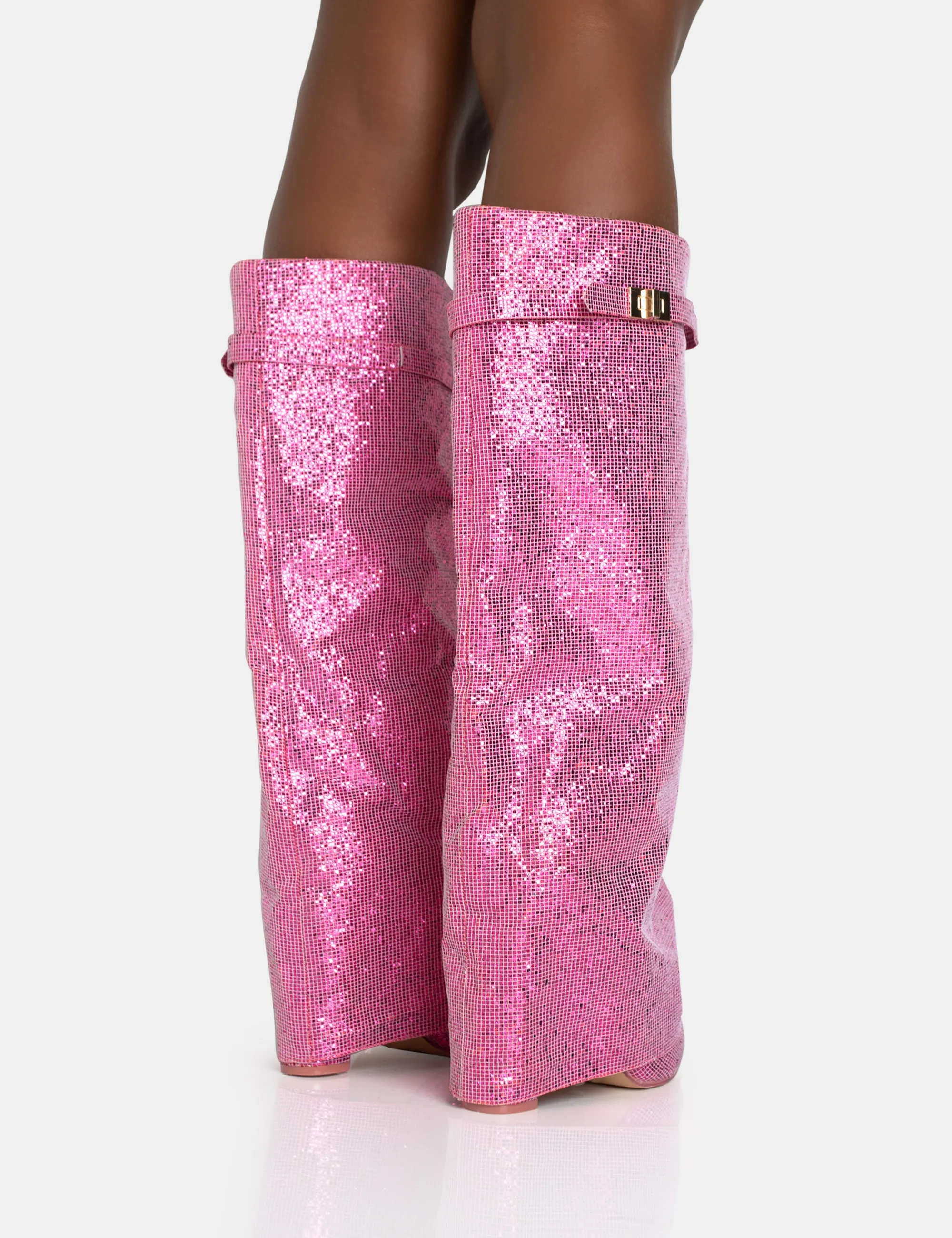 Echo Hot Pink Glitter Twist Lock Detail Fold Over Pointed Toe Knee High Boots sold by Public Desire product image thumbnail 4