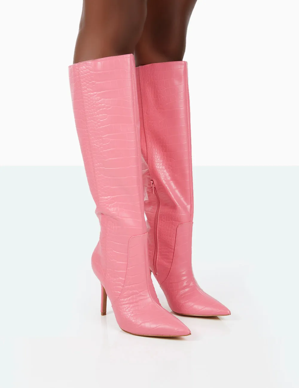 Best Believe Pink Croc Pointed Toe Heeled Stiletto Knee High Boots sold by Public Desire
