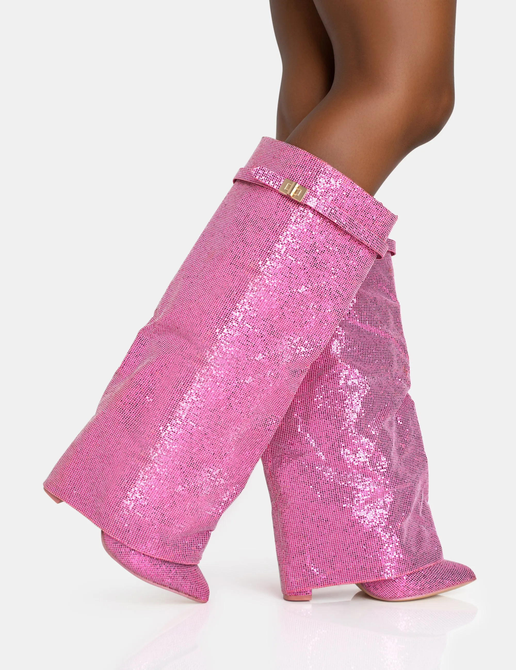Echo Hot Pink Glitter Twist Lock Detail Fold Over Pointed Toe Knee High Boots sold by Public Desire product image thumbnail 2
