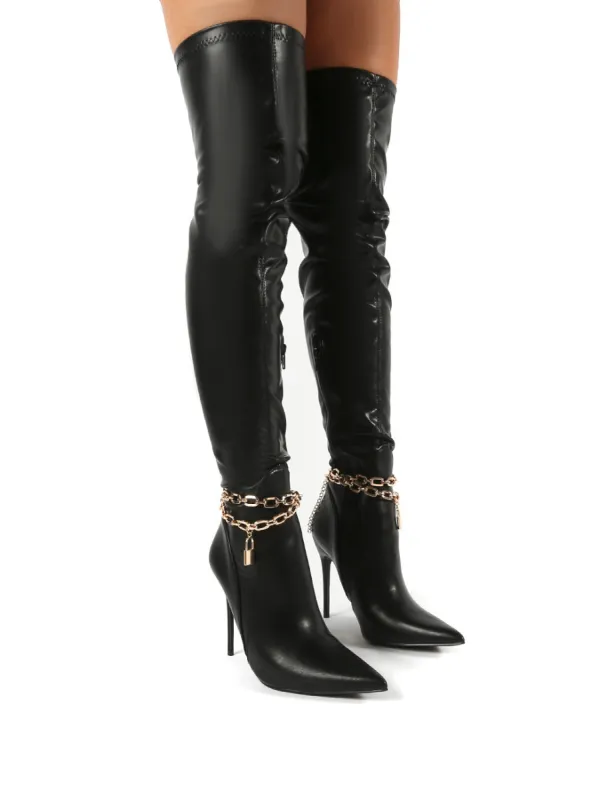 Cherri Black Thigh High Padlock Chain Detail Stiletto Heeled Boots sold by Public Desire