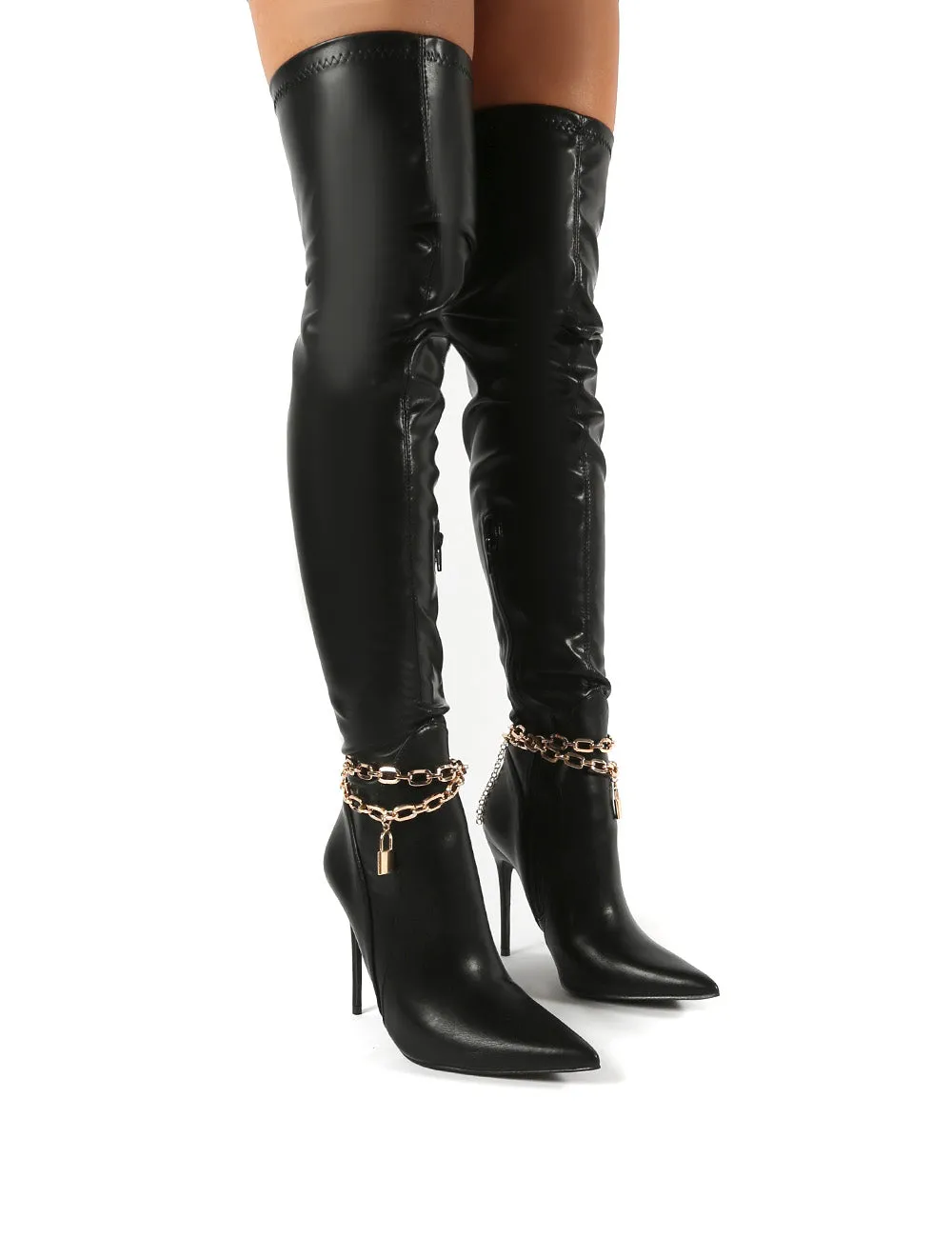 Cherri Black Thigh High Padlock Chain Detail Stiletto Heeled Boots sold by Public Desire