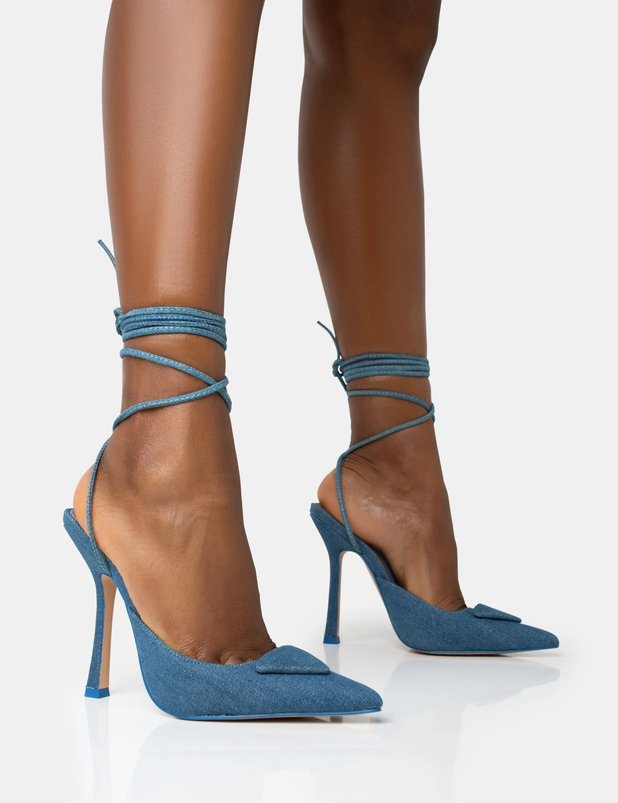 Vada Blue Denim Slingback Lace Up Pointed Court Stiletto Heels sold by Public Desire