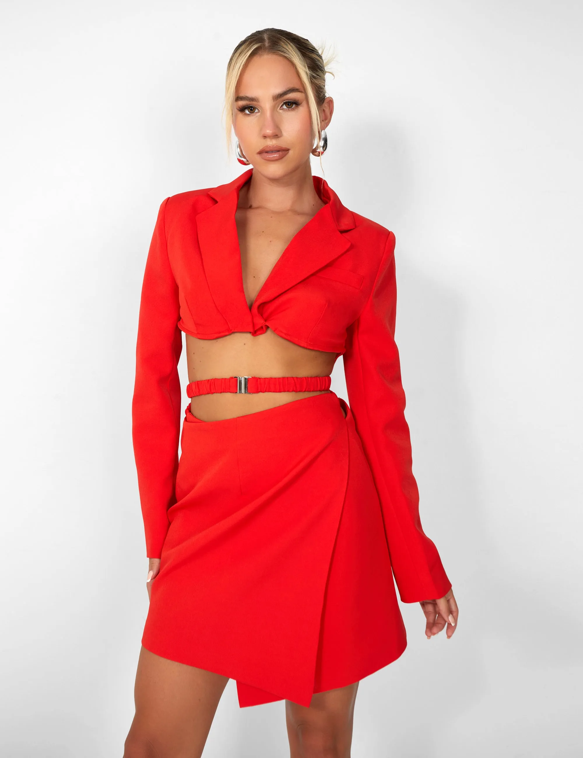 Kaiia Wrap Waist Mini Blazer Dress in Red sold by Public Desire