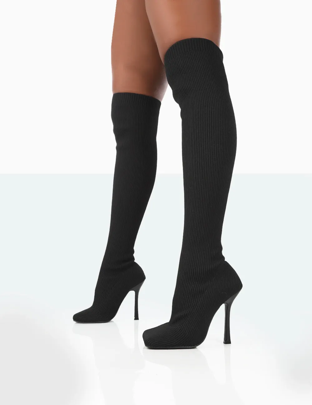Bubbles Black Knitted Square Toe Over The Knee Stiletto Boots sold by Public Desire product image thumbnail 4