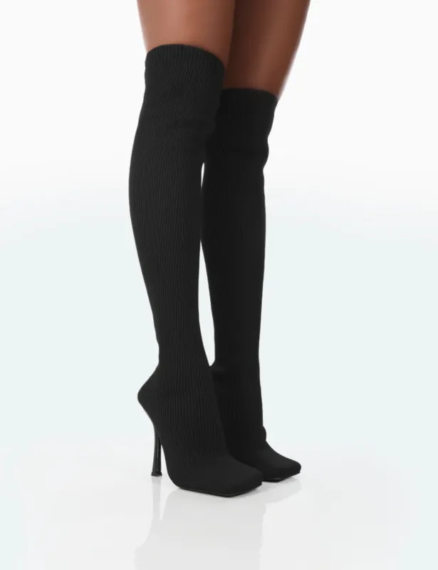 Bubbles Black Knitted Square Toe Over The Knee Stiletto Boots sold by Public Desire