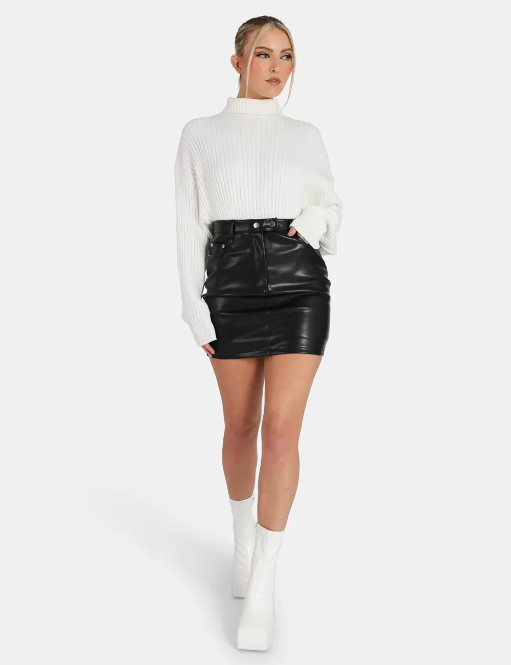 Button Waist Pu Mini Skirt Black sold by Public Desire