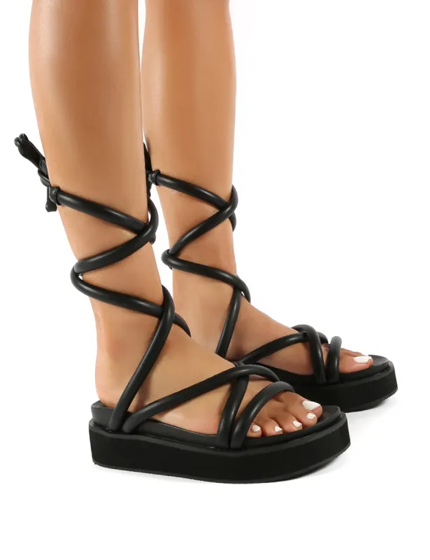 Jolly Black PU Weaved Ankle Strap Detail Chunky Sandals sold by Public Desire