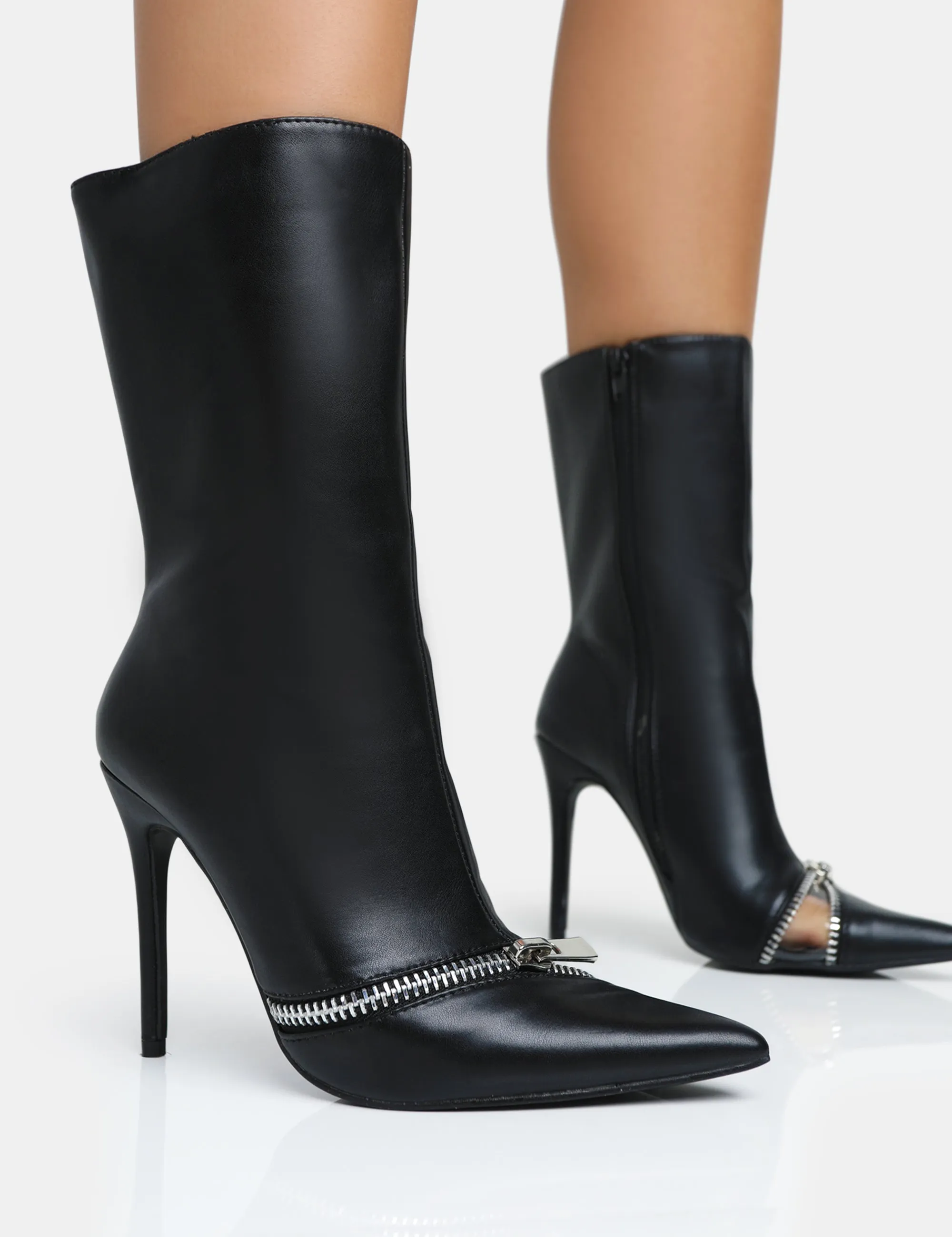Pitstop Black Pu Zip Detail Pointed Toe Stiletto Heel Ankle Boots sold by Public Desire
