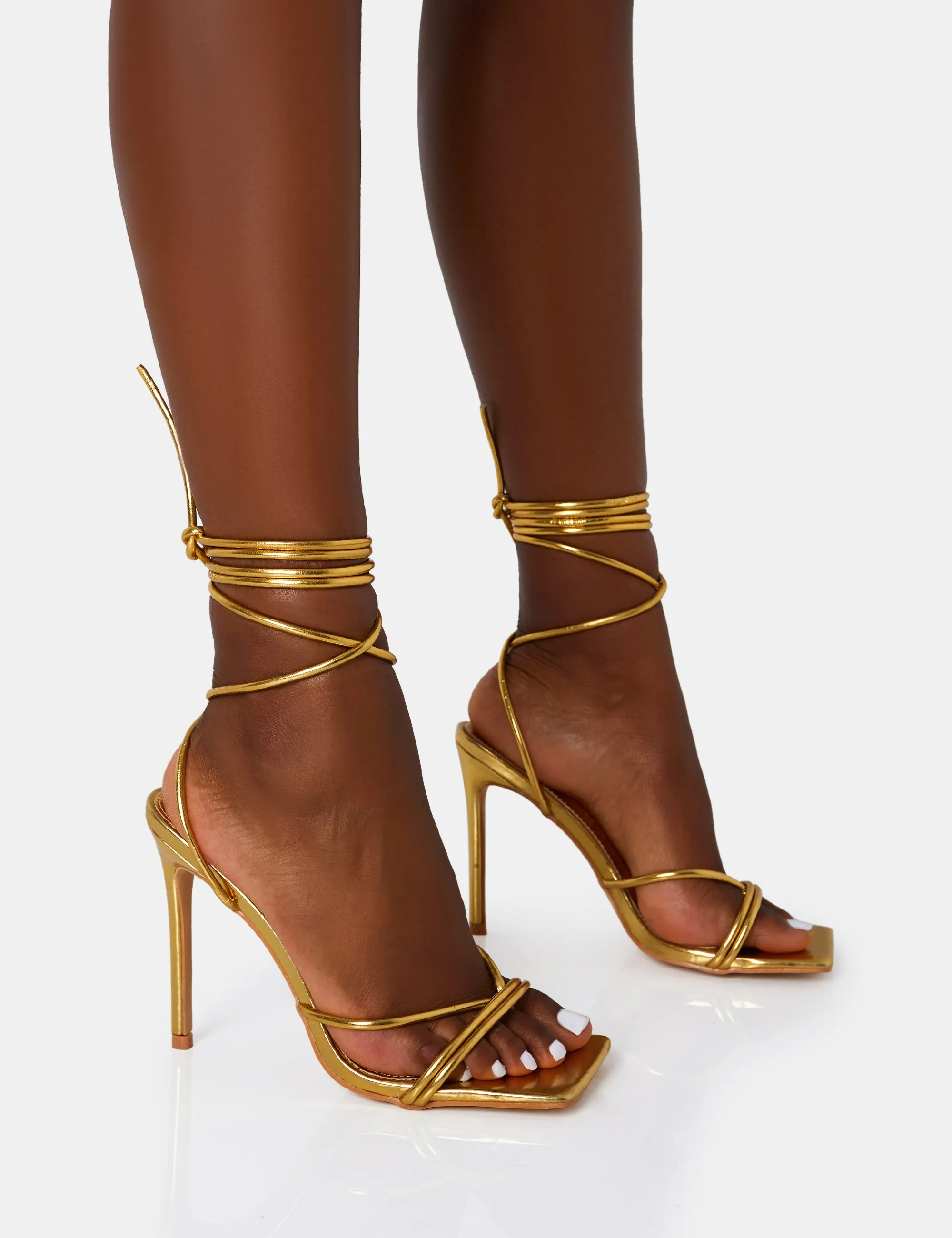 Dax Gold PU Barely There Lace Up Square Toe Stiletto Heels sold by Public Desire