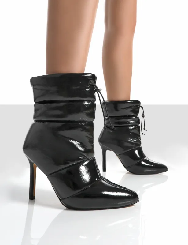 Reset Black Patent Puffer Drawstring Stiletto Heeled Boots sold by Public Desire