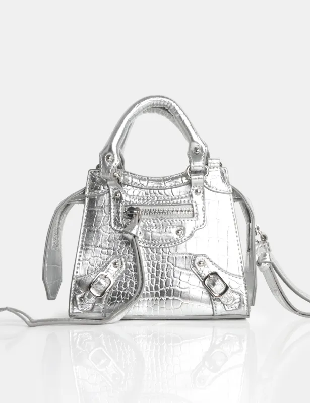 The Bea Silver Croc PU Zip Detail Mini Handbag sold by Public Desire