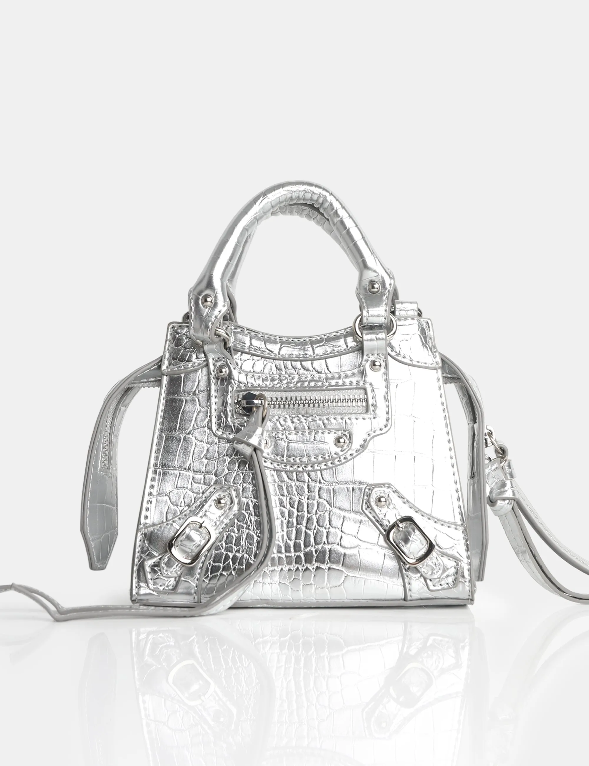 The Bea Silver Croc PU Zip Detail Mini Handbag sold by Public Desire