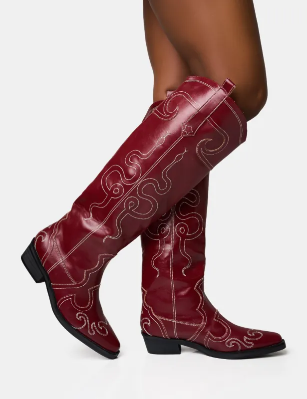 Serpentine Burgundy Snake Embroidered Flat Knee High Western Boots sold by Public Desire