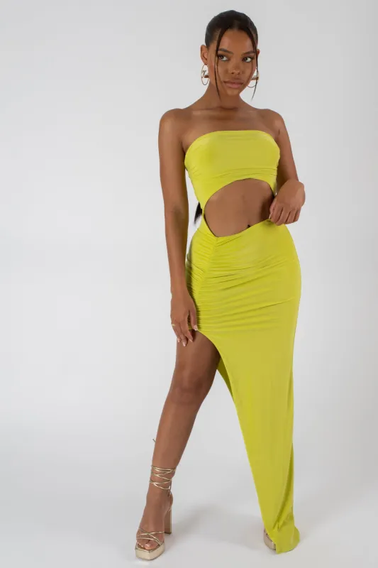 Split Side Bandeau Slinky Maxi Dress Lime sold by Public Desire