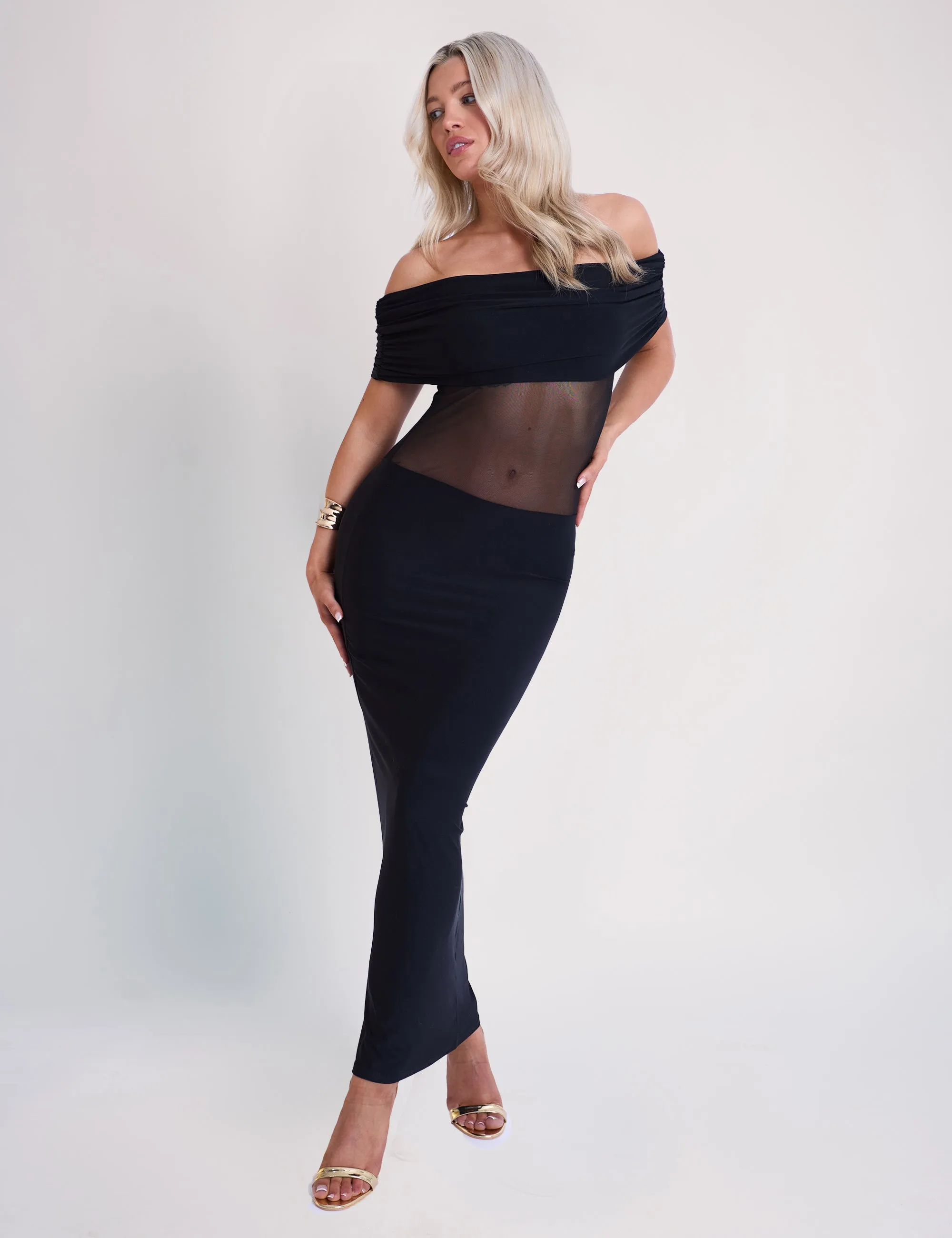 Off Shoulder Mesh Insert Maxi Dress Black sold by Public Desire