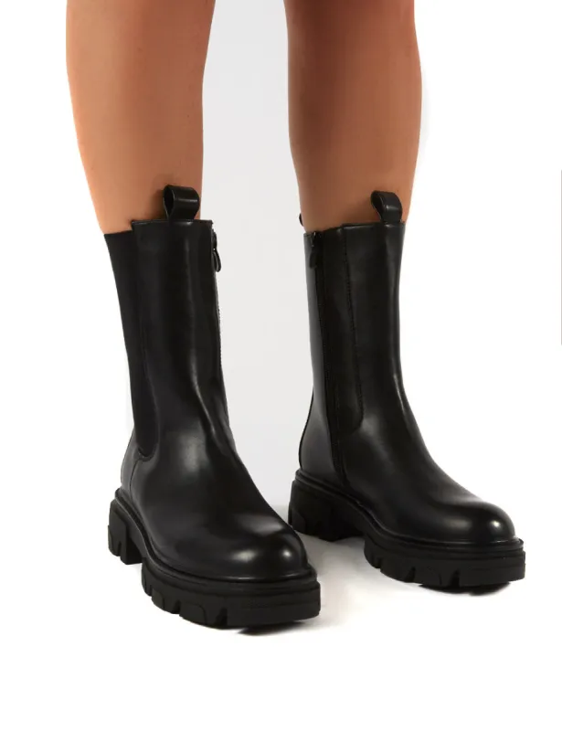 Recess Black PU Chunky Sole Calf High Boots sold by Public Desire
