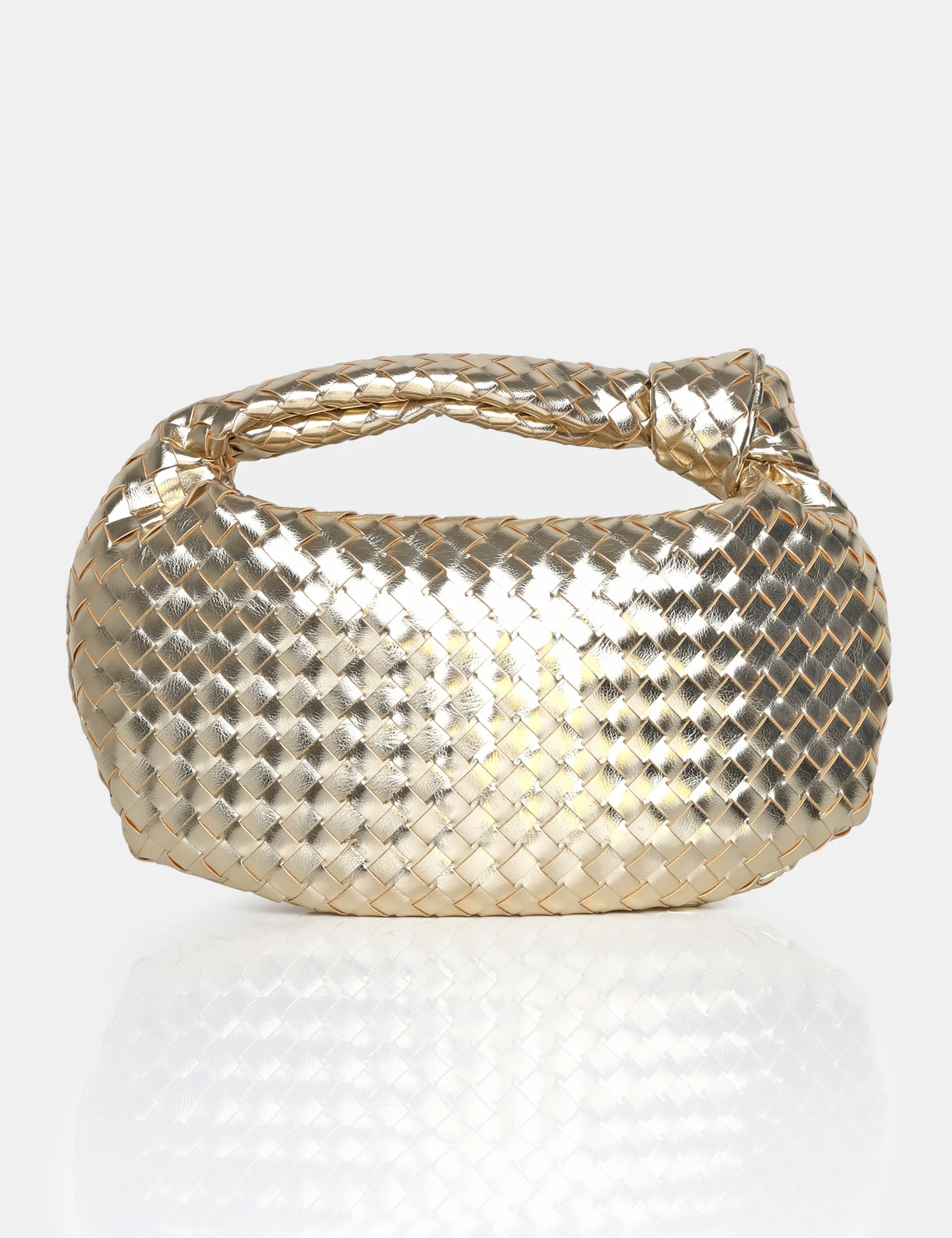 The Blame Metallic Gold Woven PU Knot Detail Mini Grab Bag sold by Public Desire
