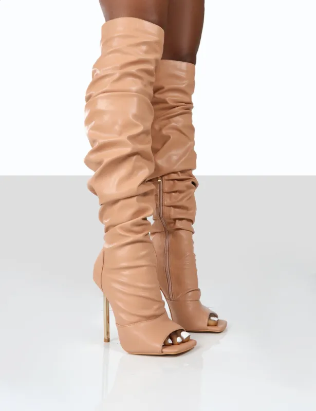 Surrender Nude Ruched Knee High Stilleto Open Toe Boots sold by Public Desire