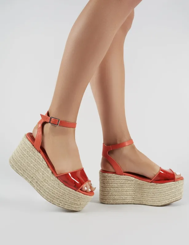 Tarini Clear Perspex Espadrille Flatform Sandals in Red sold by Public Desire