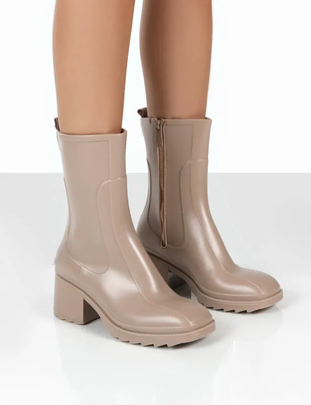 Rainyday Beige Chunky Zip Up Heeled Wellies sold by Public Desire